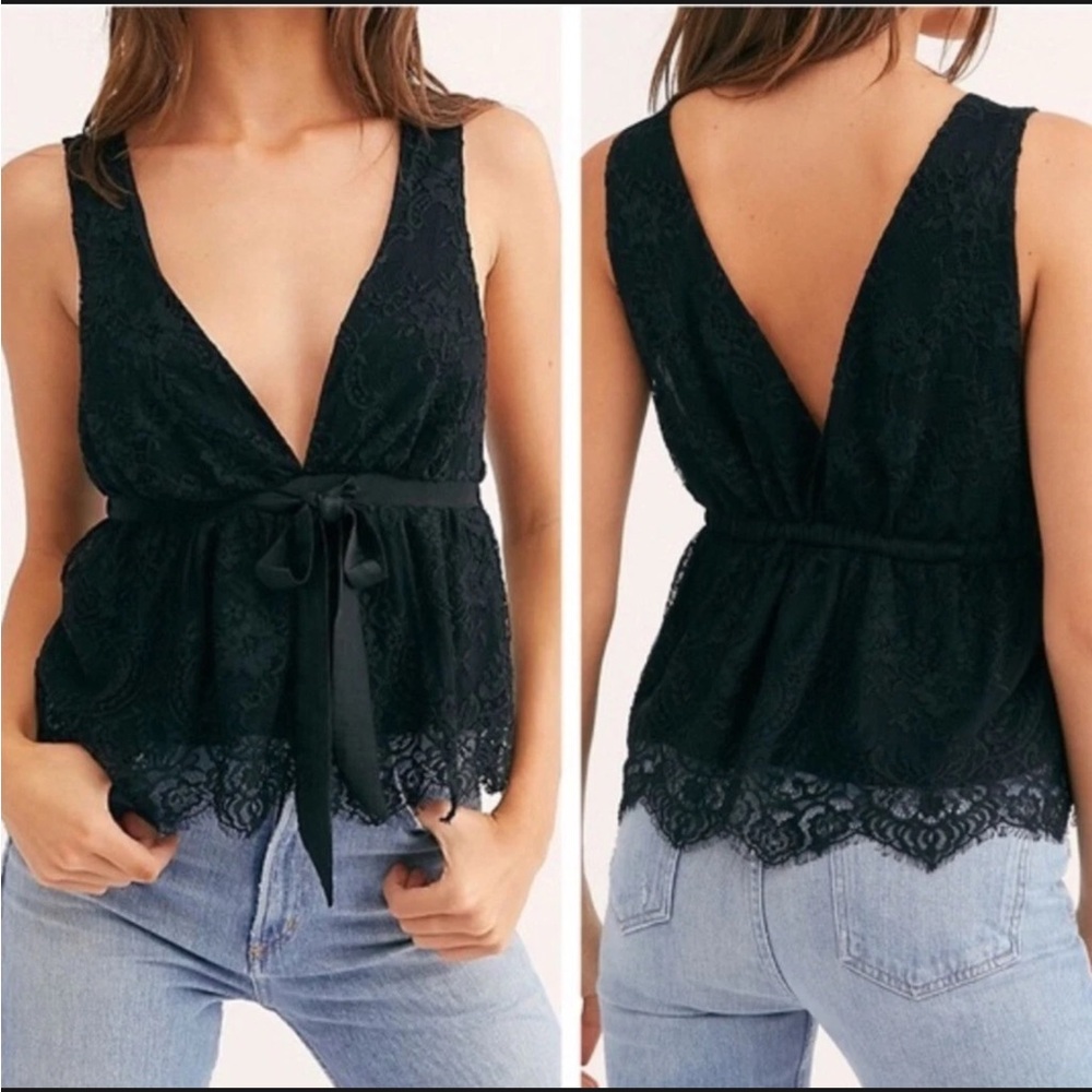 FREE PEOPLE Black Lace Chante Tie Waist Camisole Top | XS